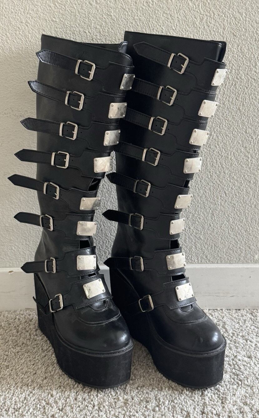Y2K Goth Multi Buckle Knee High Platform Wedge Boots Grunge Emo Punk Size 8